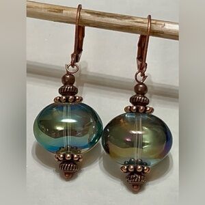Antique Copper and Iridescent Czech Glass Earrings
